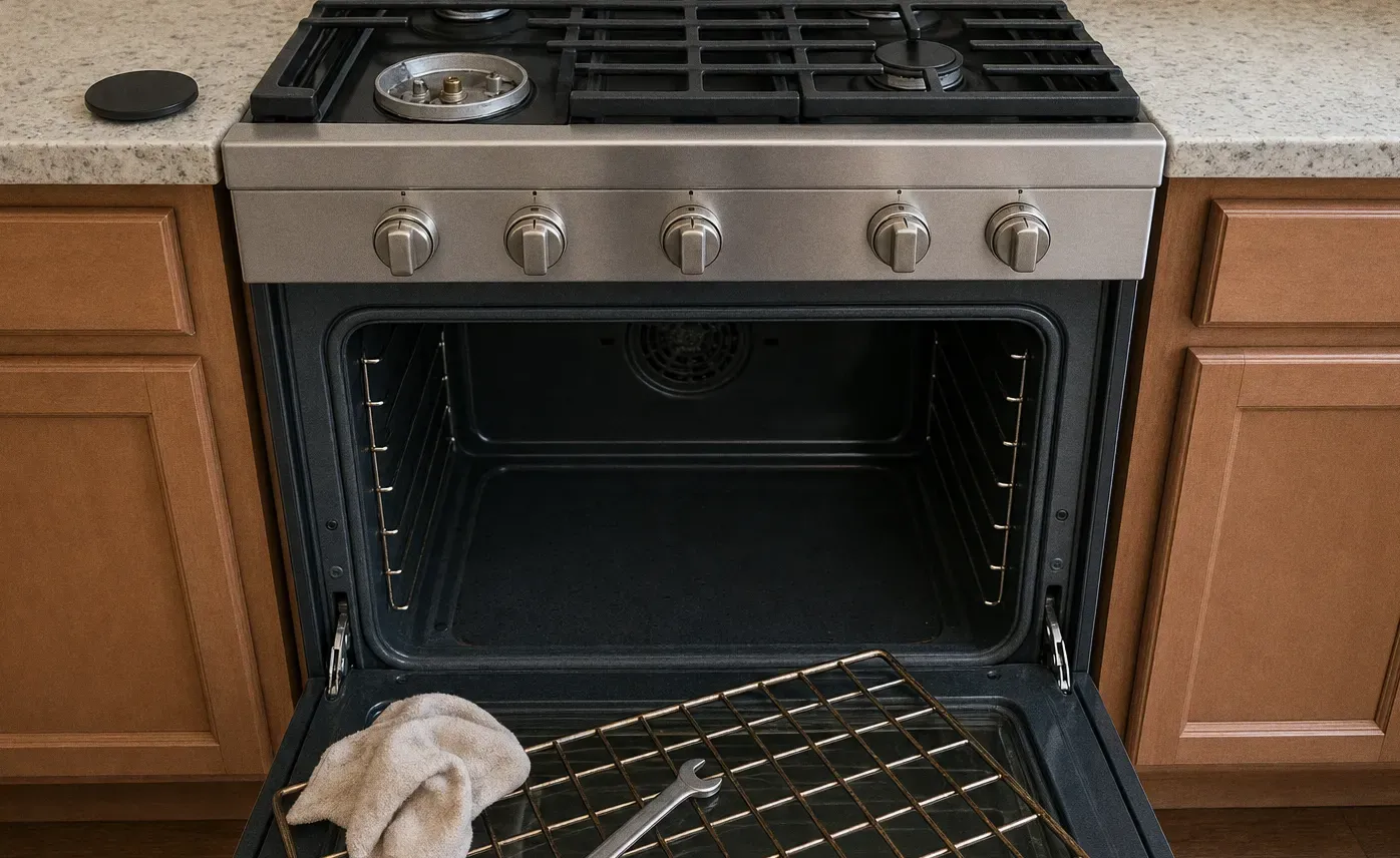 A gas range with the oven door open in medium wood cabinetry, an oven rack and a towel holding a wrench on the floor beside it