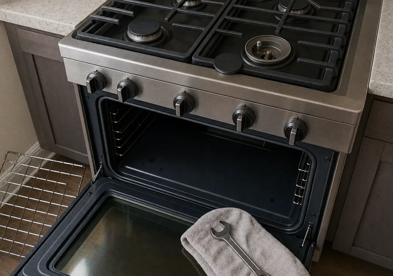 A cooktop burner ring lifted clear of its base on a stainless gas range set into grey cabinetry, oven door down below