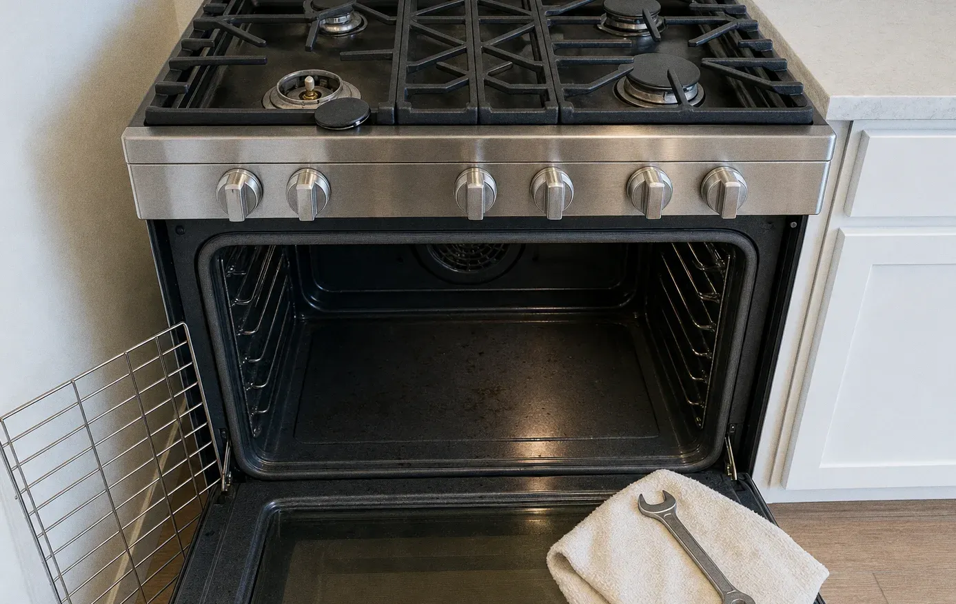 A gas range in white cabinetry with a burner base exposed and its cap set aside, the oven door down on empty racks